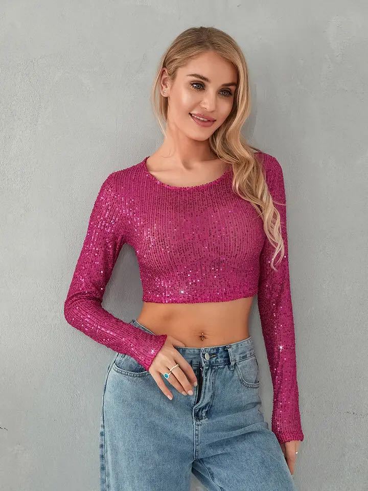 Damen Glitzerndes Crop- Langärmlig Figurbetont Norvielle