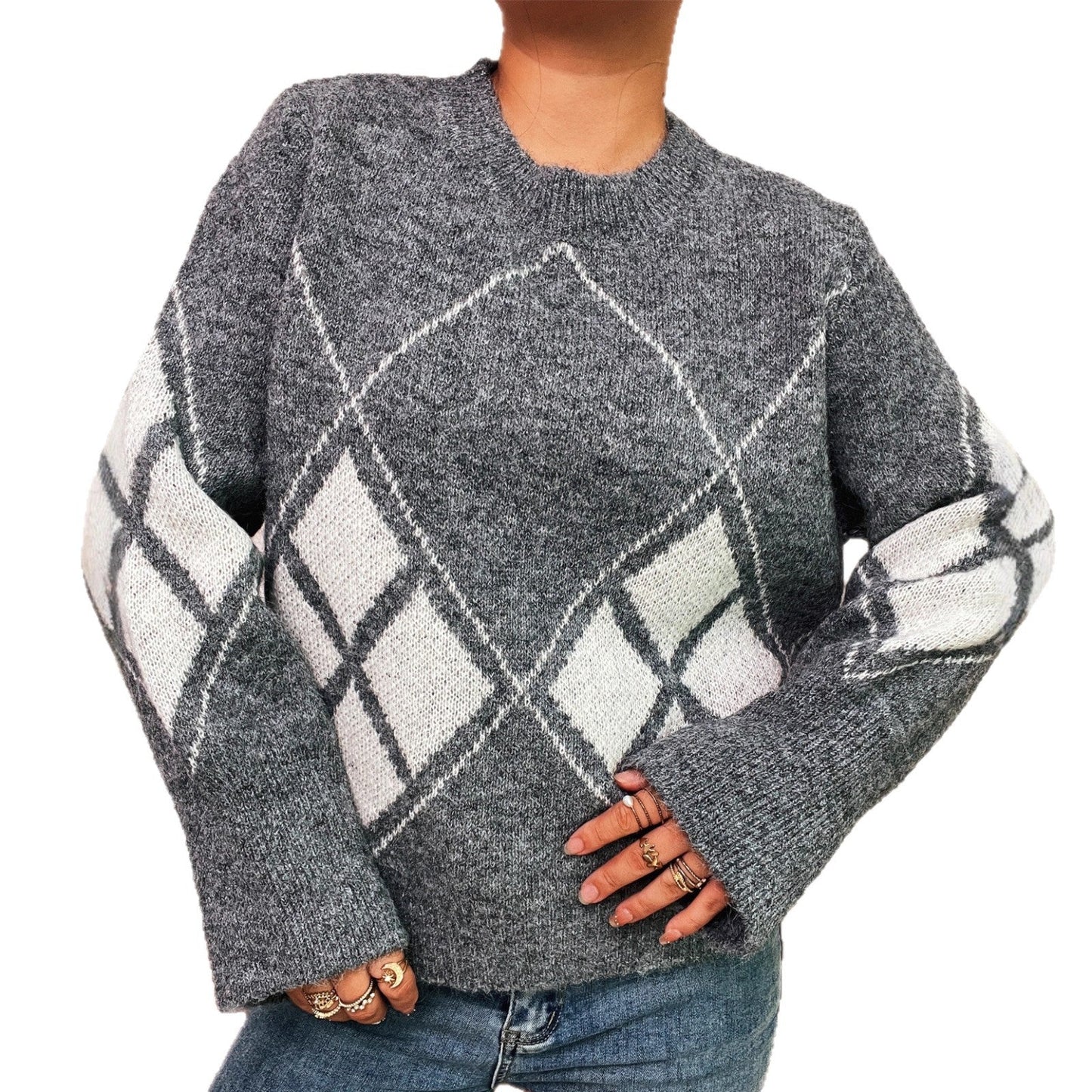 Damen Strickpullover Karomuster Norvielle