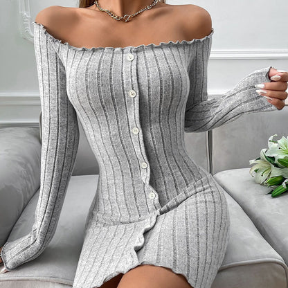 Damen Off-Shoulder Strickkleid mit Knopfleiste Elegantes Design - Norvielle
