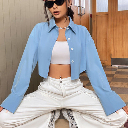 Damen Cropped Bluse Weite Ärmel Elegante Knopfleiste Norvielle