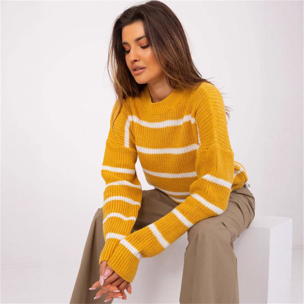 Damen Grobstrickpullover Rundhalsausschnitt Lässiges Streifenmuster
