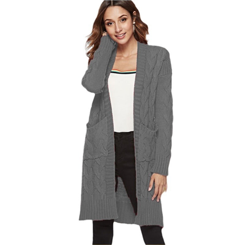 Damen Grobstrick Cardigan Zopfmuster Taschen Beige