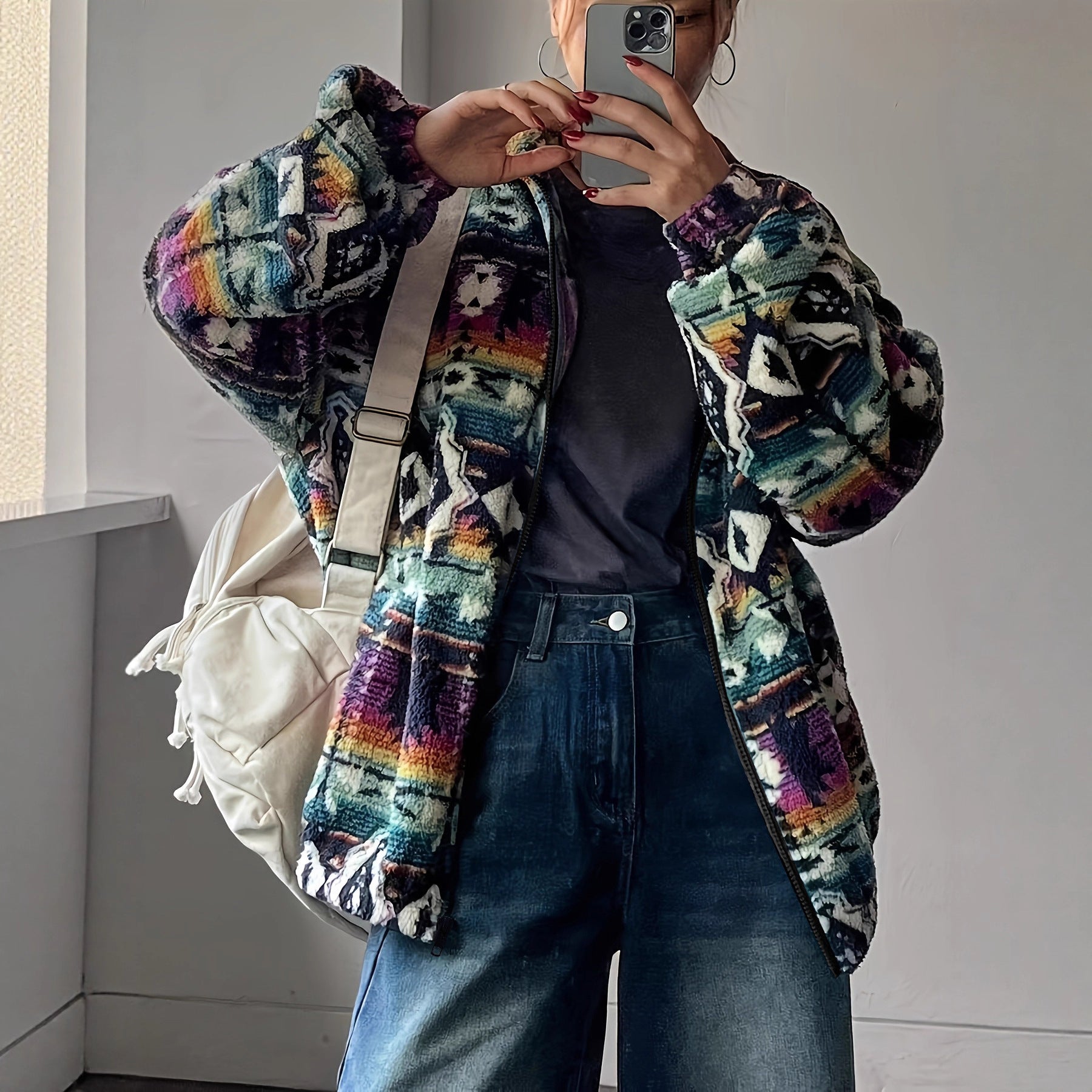 Damen Fleecejacke Bunt Ethno-Muster Weich Norvielle - Norvielle