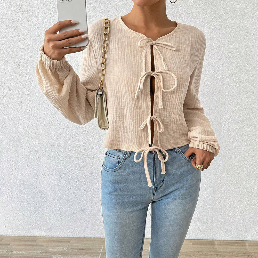 Damen Cropped Bluse Raffinierte Schnürdetails Norvielle