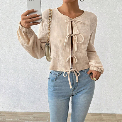 Damen Cropped Bluse Raffinierte Schnürdetails Norvielle