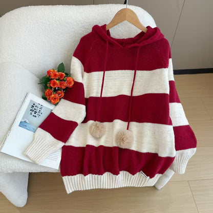 Damen Hoodie Gestreift Bommel Schwarz Weiß - Norvielle
