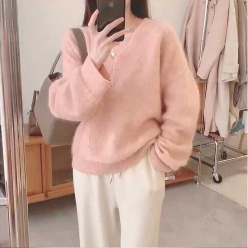 Damen Mohair Pullover Flauschig V-Ausschnitt Beige