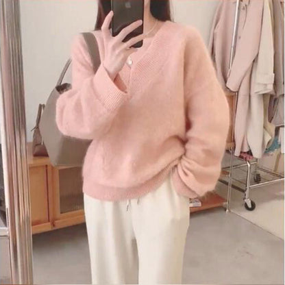 Damen Mohair Pullover Flauschig V-Ausschnitt Beige