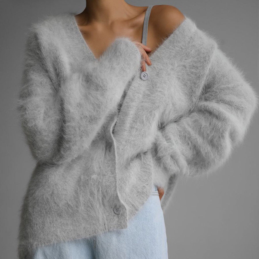 Damen Strickjacke Mohair-Mix V-Ausschnitt Knöpfe Anthrazit