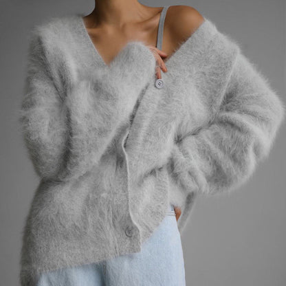 Damen Strickjacke Mohair-Mix V-Ausschnitt Knöpfe Anthrazit