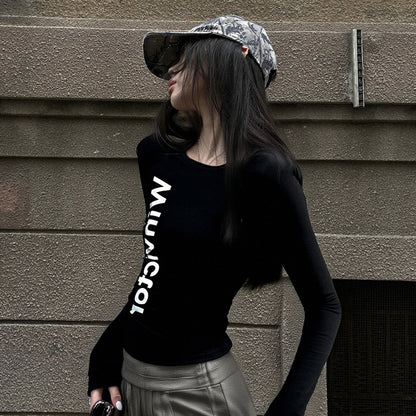 Damen T-Shirt Langarm Figurbetont mit Schriftzug