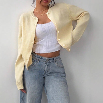 Damen Strickjacke Weiches Baumwoll-Material Knöpfe Beige