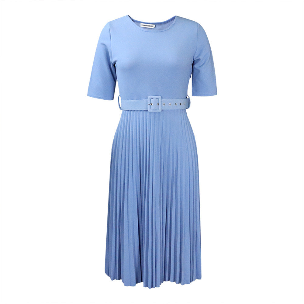 Damen Plissiertes Kleid mit Taillengürtel und kurzen Ärmeln