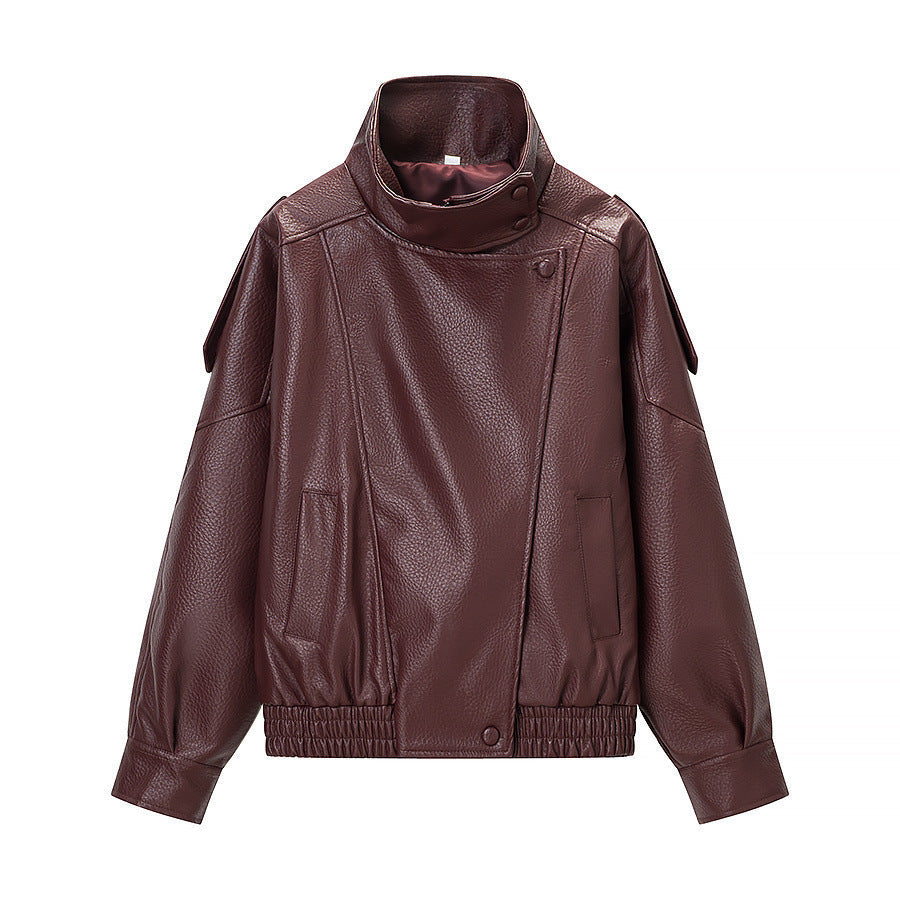 Damen Kunstlederjacke Hochkragen Praktische Taschen