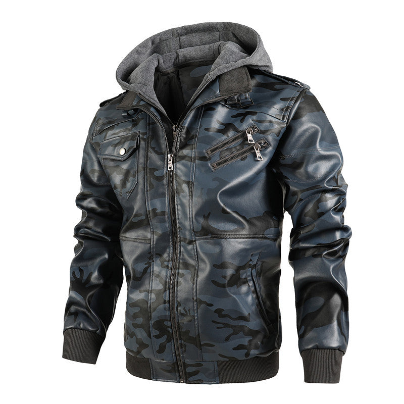 Herren Camouflage Jacke Synthetikleder Kapuze Taschen