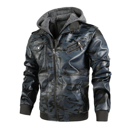 Herren Camouflage Jacke Synthetikleder Kapuze Taschen