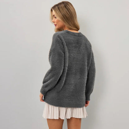 Damen Strickjacke Flauschig V-Ausschnitt Knöpfe Beige