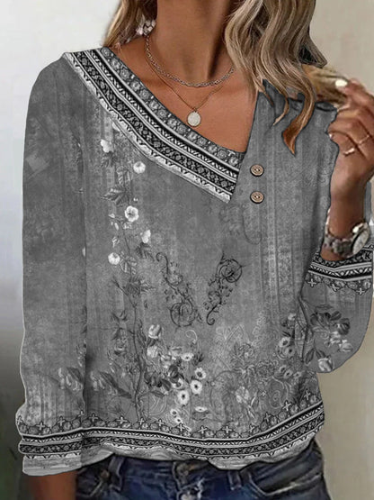 Damen Bluse Floralmuster V-Ausschnitt Bluse Norvielle