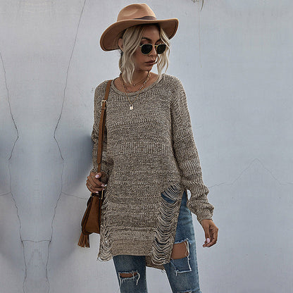 Damen Strickpullover Lässig Fransenoptik Asymmetrisch Norvielle
