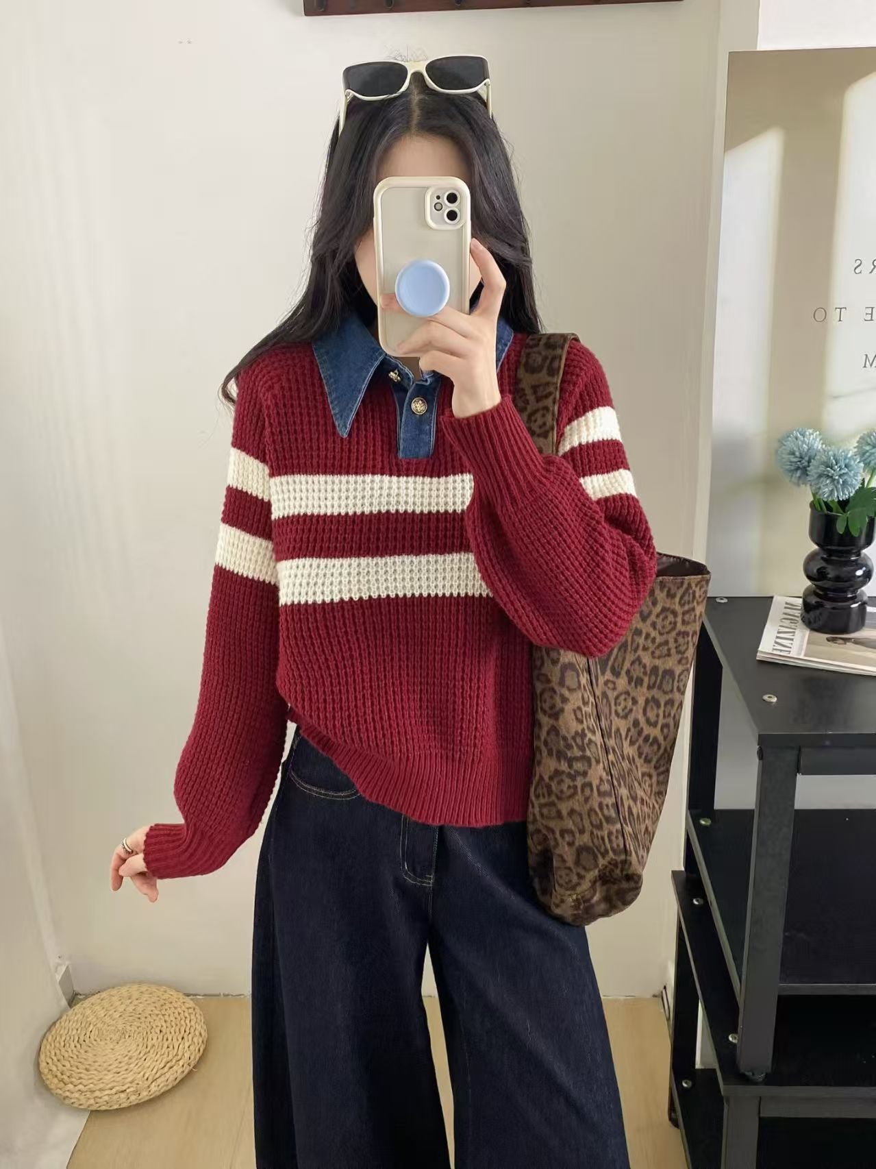 Damen Strickpullover Kragen Gestreift Norvielle