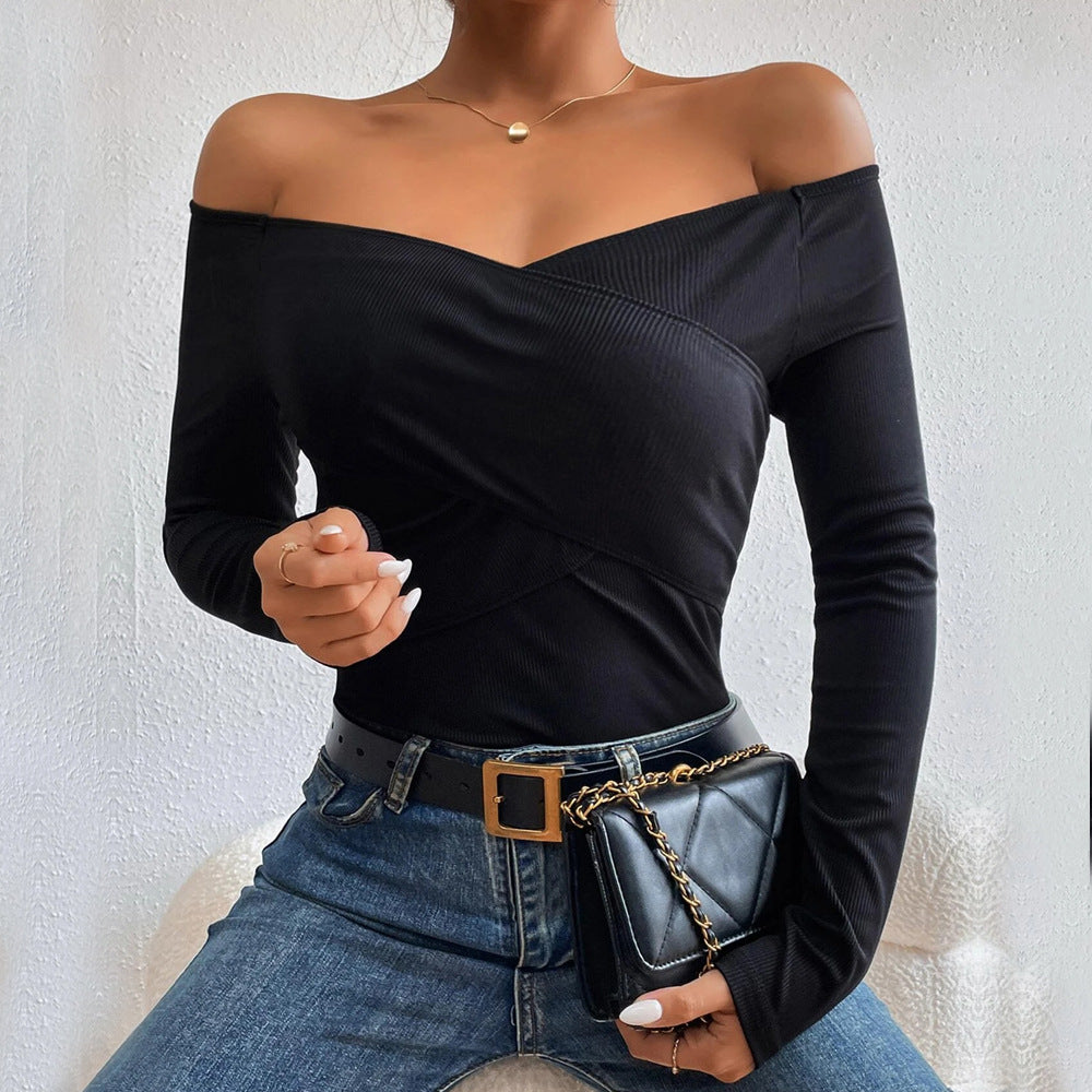 Damen Off-Shoulder-Body Langarm Elegant Wickel-Design