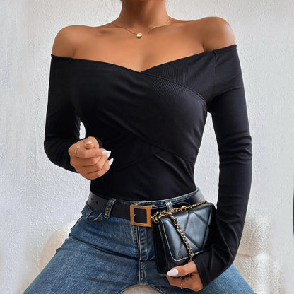 Damen Off-Shoulder-Body Langarm Elegant Wickel-Design