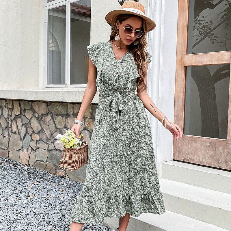 Damen Midi-Kleid Rüschendetails Taillengürtel
