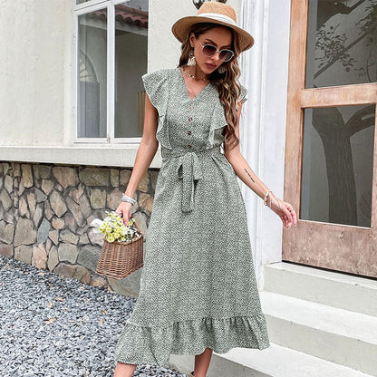 Damen Midi-Kleid Rüschendetails Taillengürtel