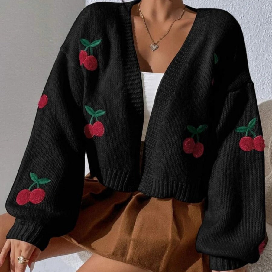 Damen Strickjacke Kuschelig Fruchtiges Stickmuster Weite Passform