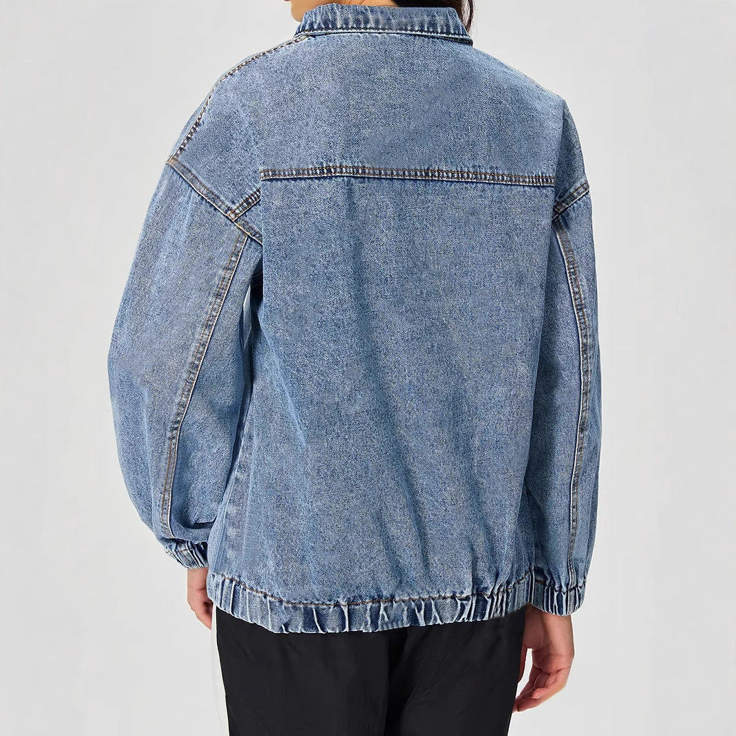 Damen Denim-Pullover Stehkragen Reißverschluss