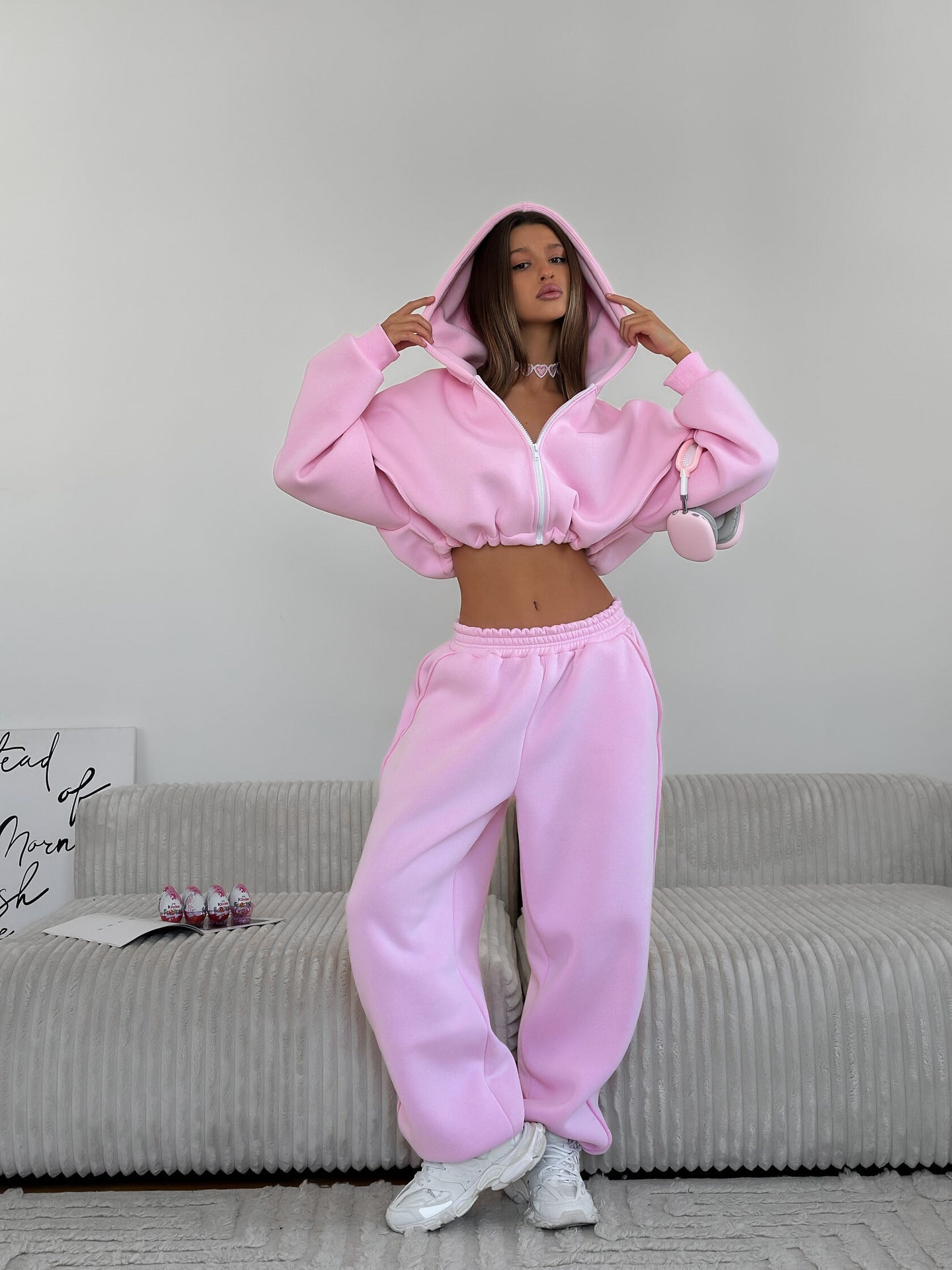 Damen Cropped Hoodie Jogginghose Set Weiches Fleece Norvielle