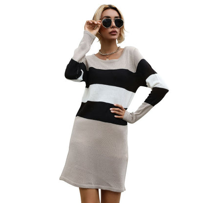 Damen Strickkleid Schulterfrei Streifenmuster