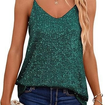 Damen Spaghetti-Trägertop V-Ausschnitt Glitzerdetails