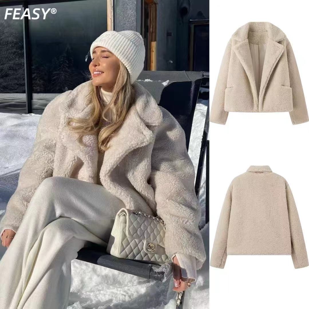 Damen Teddyjacke Modernes Revers Kuschelig Beige - Norvielle