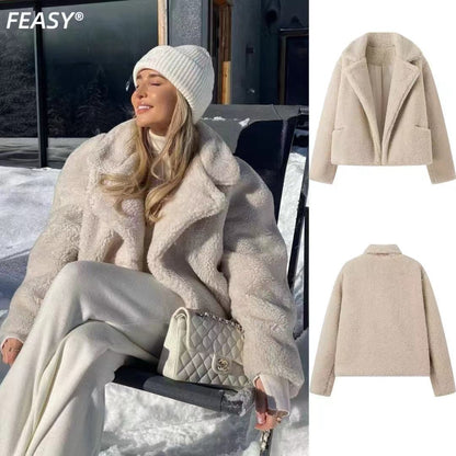 Damen Teddyjacke Modernes Revers Kuschelig Beige - Norvielle
