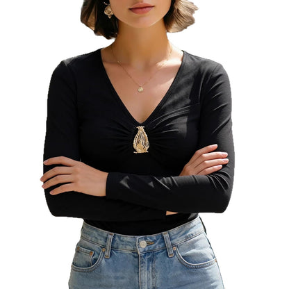 Damen Langarmshirt V-Ausschnitt Dekorative Applikation