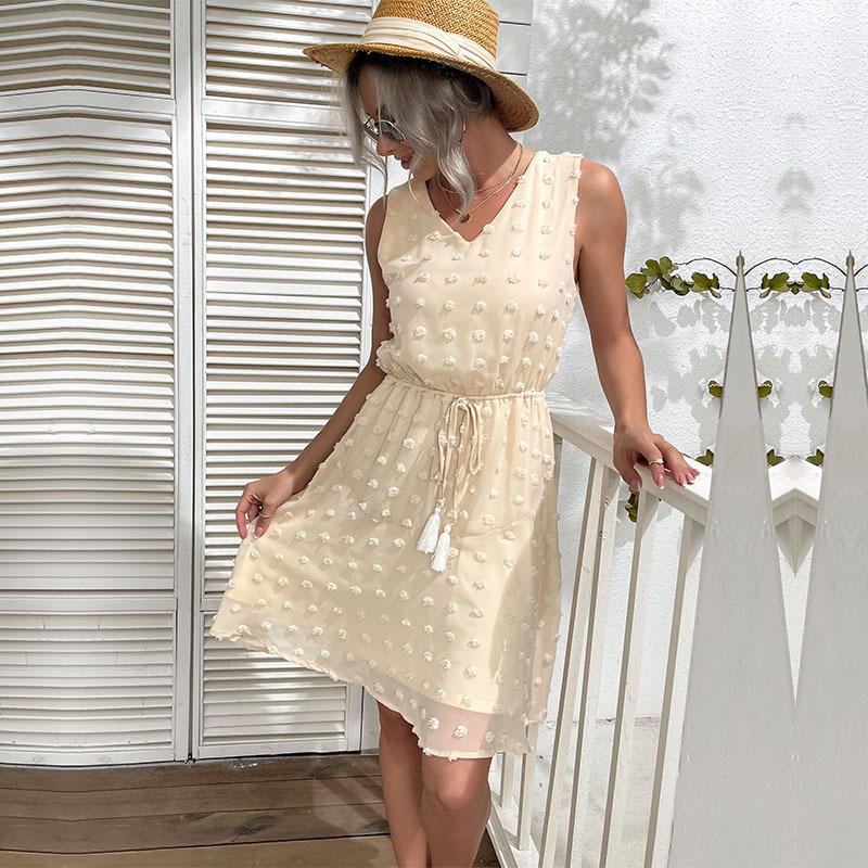 Damen Sommerkleid Luftig Pom-Pom-Details Verstellbarer Taillenzug