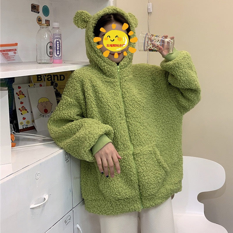 Damen Fleecejacke mit Ohren und Taschen Kuschelig Grün