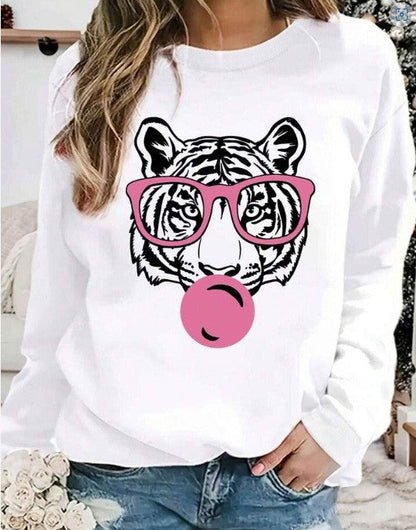 Damen Sweatshirt Tiger-Design Lässig Grau