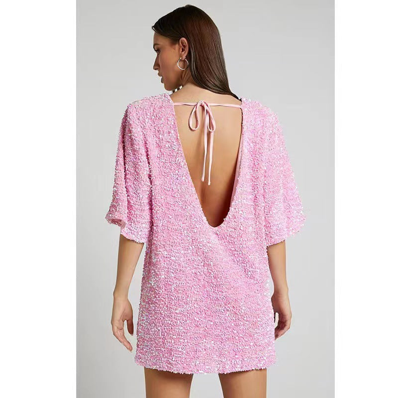 Damen Minikleid Pailletten Weite Ärmel Norvielle