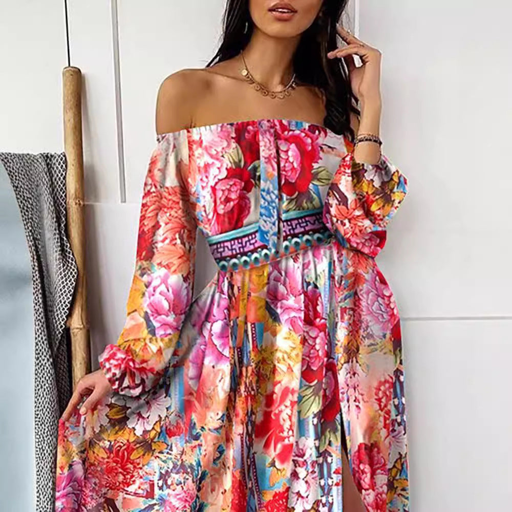 Damen Off-Shoulder Maxikleid Plissiert Hohes Schlitz
