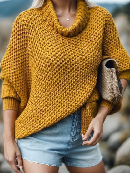 Damen Strickpullover Hochkragen Strukturiert Beige