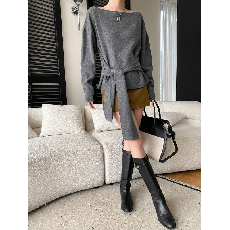 Damen Wollpullover mit Bindegürtel Norvielle