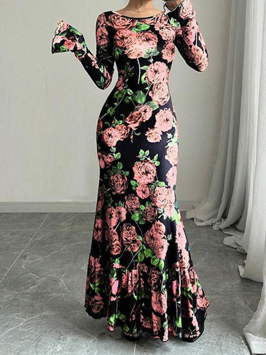 Damen Maxikleid mit Rüschendetails Langarm Floral