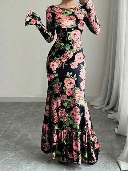 Damen Maxikleid mit Rüschendetails Langarm Floral