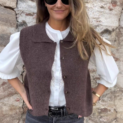 Damen Strickweste Klassischer Kragen Knopfdetails Beige - Norvielle