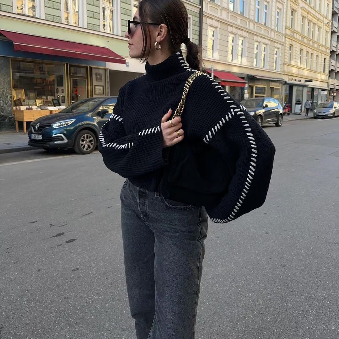 Damen Strickpullover Hochärmelig Kontraststich Norvielle