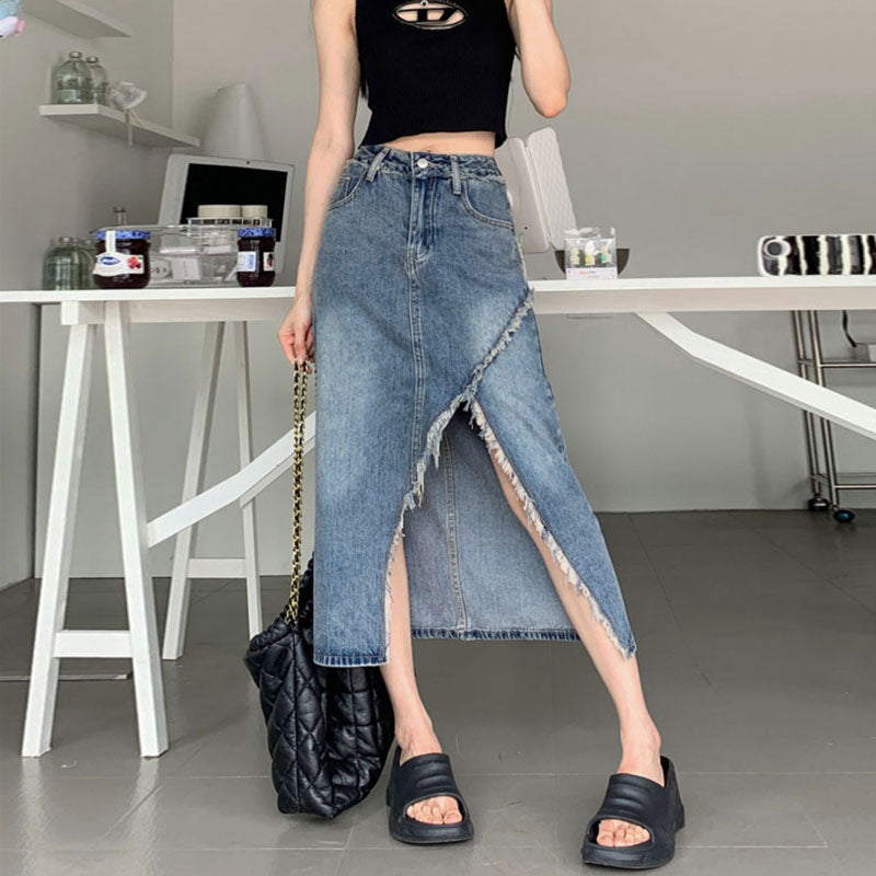 Damen Denim Midi-Rock Asymmetrischer Saum Blau - Norvielle