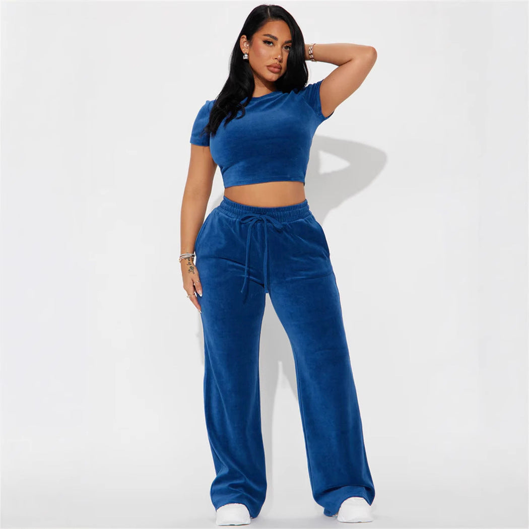 Damen Velours-Loungewear-Set Weich Cropped Oberteil Locker Hose