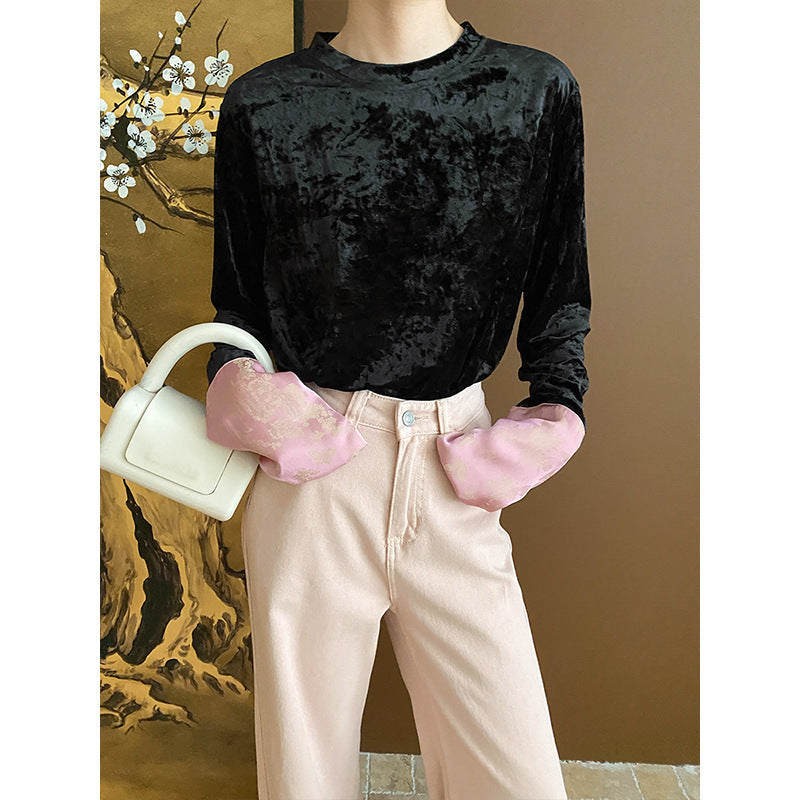 Damen Langarmshirt Velvet Elegant Schwarz - Norvielle